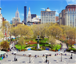 Union Square with multiple people walking