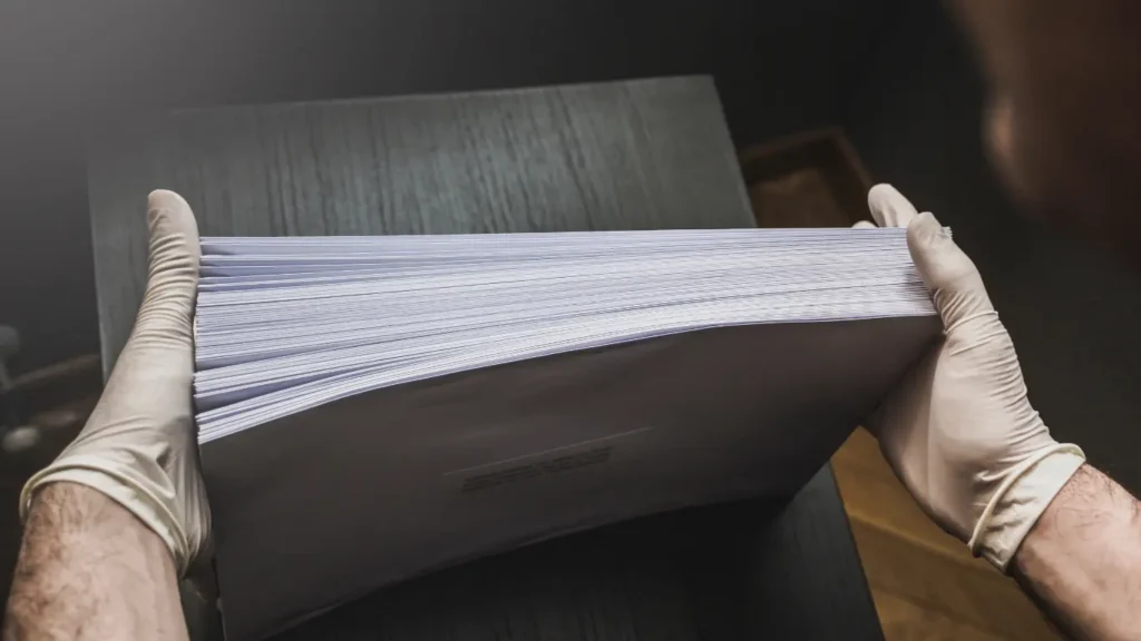 Gloved hands holding a thick stack of business mail.