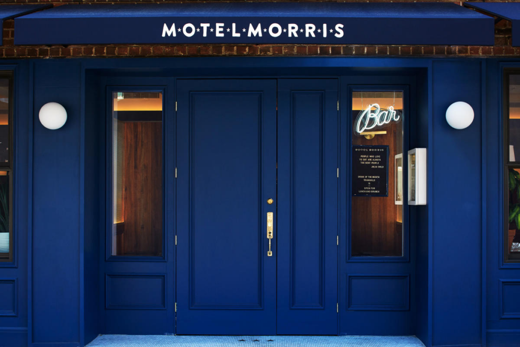 The blue entrance to Motel Morris.